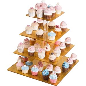 4 Tier Acrylic Gold  Square Maypole Cupcake Stand Tower Display